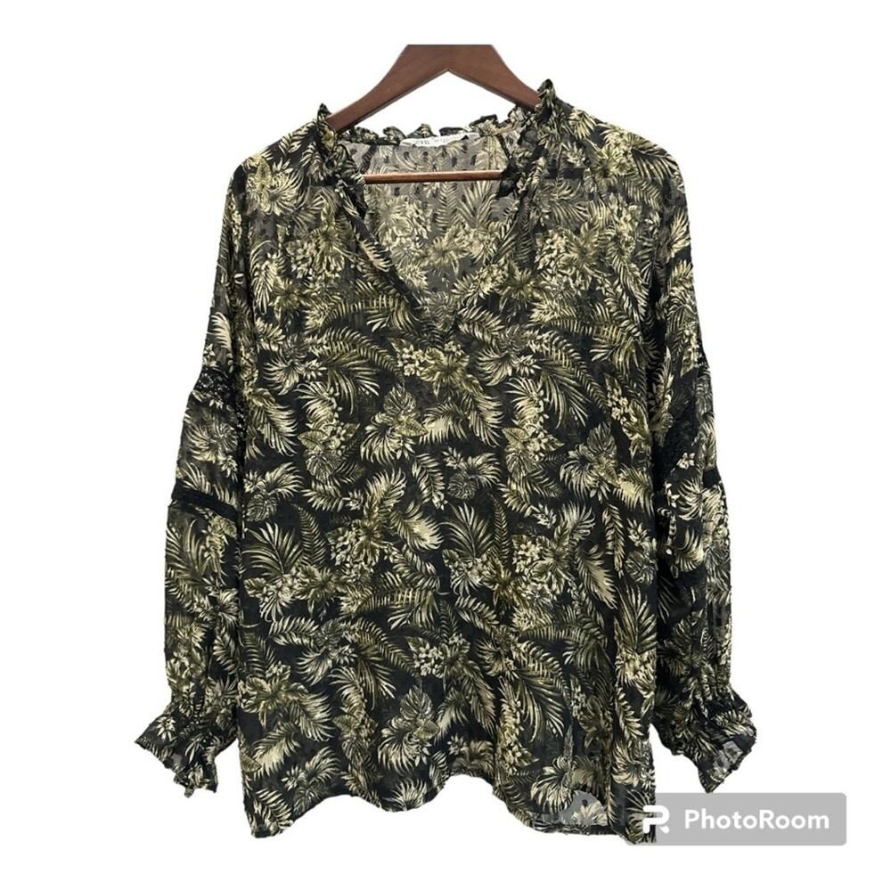 Zara Women’s Top Blouse Long Sleeve Sheer Lace Detail Botanical Black